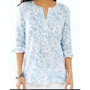 NWT J Jill Love Linen Blue Floral Long Sleeve Split Neck, 1X, $100 A17